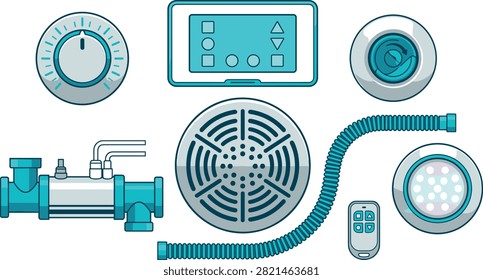 Swimming Pool and Hot Tub Spa Equipment Icon Set Featuring Main Drain Grille Inline Heater Digital Control Panel Remote Jet and LED Light Vector Illustration.eps