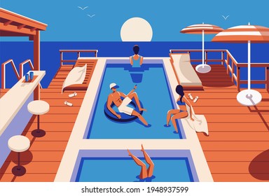 
Swimming pool in the hotel with people, bar, sun beds and umbrellas. Vector illustration.