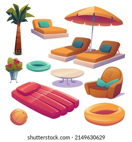 Swimming pool and hotel poolside equipment isolated cartoon icons. Palm tree, chaise lounges, umbrella, inflatable ring or ball, coffee table, armchair with pillow and flowers in vase, Vector set