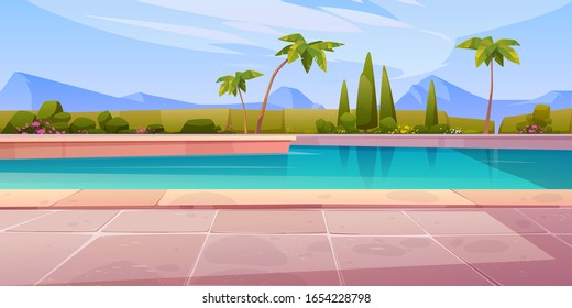 Swimming pool in hotel or resort outdoors, empty poolside with blue water, palm trees, green plant fencing and tiled floor on mountain landscape background. Exotic island cartoon vector illustration