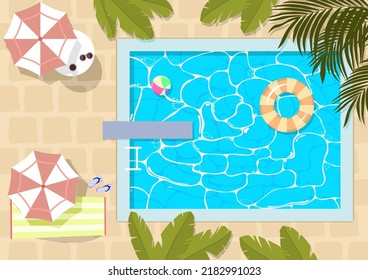 Swimming pool in hotel or resort outdoors. Empty pool with blue water, palm trees, green plant, lounge chairs, umbrellas, inflatable ring and ball in water. Exotic island cartoon vector illustration.