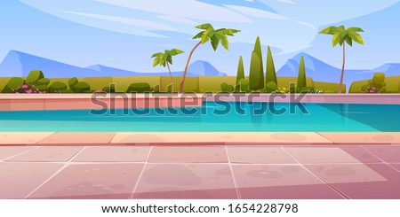 Swimming pool in hotel or resort outdoors, empty poolside with blue water, palm trees, green plant fencing and tiled floor on mountain landscape background. Exotic island cartoon vector illustration