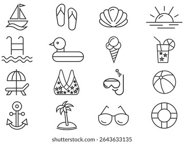 Swimming pool icon collection. Containing beach, sun, swimsuit, bikini, swimming cap, trunks, beach umbrella, sunbed, hammock and more. Solid icon collection. Beach line editable icon set.