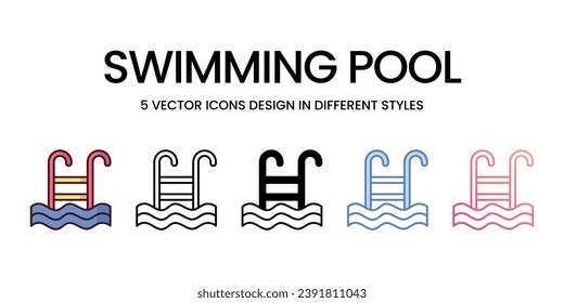 Diseño de iconos de la piscina en estilo de cinco con pulsación editable. Línea, Sólido, Línea plana, Color de tono Duo y Línea de degradado de color. Adecuado para diseño de páginas Web, aplicaciones móviles, UI, UX y GUI.