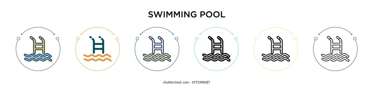 Swimming pool icon in filled, thin line, outline and stroke style. Vector illustration of two colored and black swimming pool vector icons designs can be used for mobile, ui, web