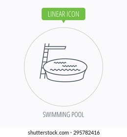 Swimming pool icon. Jumping into water sign. Linear outline circle button. Vector