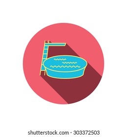 Swimming pool icon. Jumping into water sign. Red flat circle button. Linear icon with shadow. Vector
