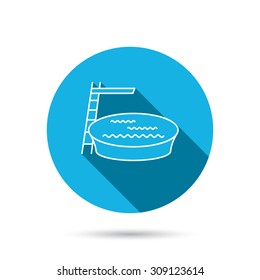 Swimming pool icon. Jumping into water sign. Blue flat circle button with shadow. Vector
