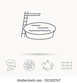 Swimming pool icon. Jumping into water sign. Global connect network, ocean wave and chat dialog icons. Teamwork symbol.