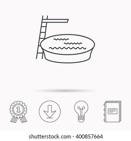 Swimming pool icon. Jumping into water sign. Download arrow, lamp, learn book and award medal icons.