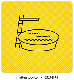 Swimming pool icon. Jumping into water sign. Linear icon on orange background. Vector