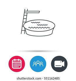 Swimming pool icon. Jumping into water sign. Group of people, video cam and calendar icons. Vector