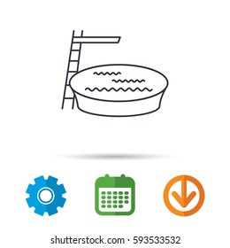 Swimming pool icon. Jumping into water sign. Calendar, cogwheel and download arrow signs. Colored flat web icons. Vector