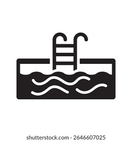 Swimming pool icon with a ladder and water for summer recreation and leisure activity at a hotel resort for a sport vacation vector solid glyph icon