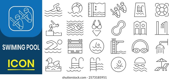  Swimming Pool icon set. Swim, dive, champion, sports, river, pool, bikini, volleyball, summer, beach, goggles. Swimming sport icon for fitness applications vector illustration.