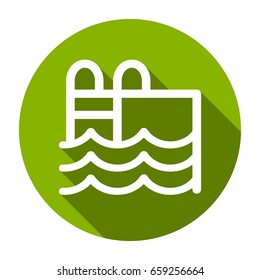 Swimming pool icon, visualized in circle icons in a flat design style with long shadows.