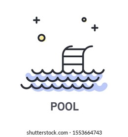 Icono de la piscina. Olas acuáticas con escalera y piscina de vacaciones. Hotel, alojamiento de crucero y elemento de vacaciones. Ilustración vectorial lineal aislada sobre fondo blanco, texto.