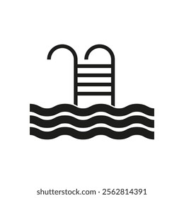 Swimming pool icon. Water waves symbol. Ladder entry design. Black vector illustration.