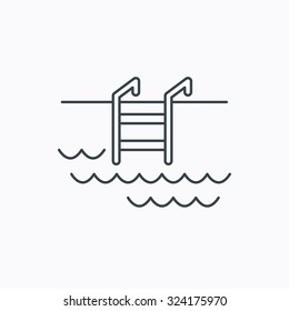 Swimming pool icon. Waves and stairs sign. Linear outline icon on white background. Vector