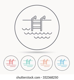 Swimming pool icon. Waves and stairs sign. Linear circle icons.