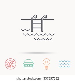 Swimming pool icon. Waves and stairs sign. Global connect network, ocean wave and burger icons. Lightbulb lamp symbol.