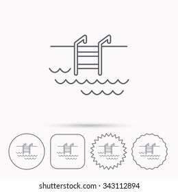 Swimming pool icon. Waves and stairs sign. Linear circle, square and star buttons with icons.
