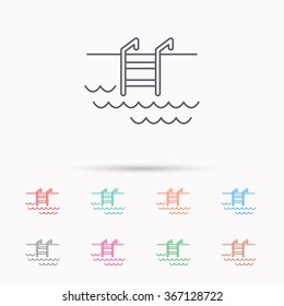 Swimming pool icon. Waves and stairs sign. Linear icons on white background.