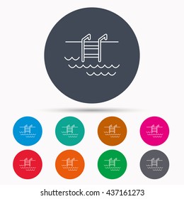 Swimming pool icon. Waves and stairs sign. Icons in colour circle buttons. Vector