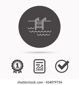 Swimming pool icon. Waves and stairs sign. Report document, winner award and tick. Round circle button with icon. Vector