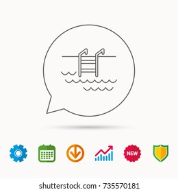 Swimming pool icon. Waves and stairs sign. Calendar, Graph chart and Cogwheel signs. Download and Shield web icons. Vector