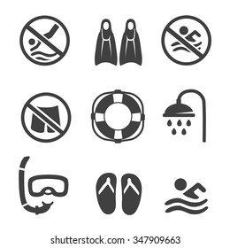 Swimming pool icons,  diving, mask,   flippers and shower. sport vector icons set