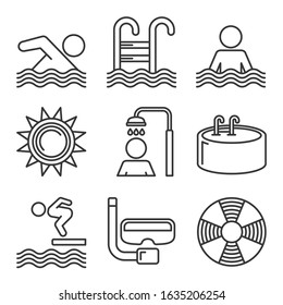 Swimming Pool Icons Set on White Background. Line Style Vector