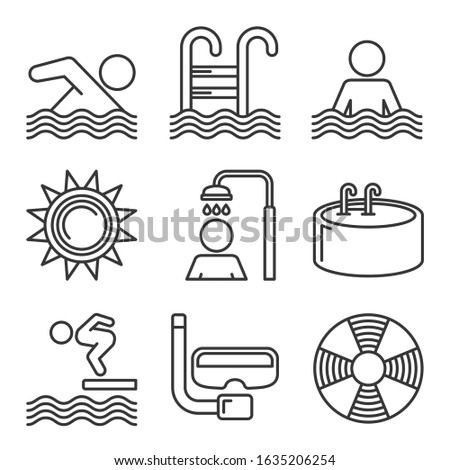 Swimming Pool Icons Set on White Background. Line Style Vector