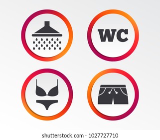 Swimming pool icons. Shower water drops and swimwear symbols. WC Toilet sign. Trunks and women underwear. Infographic design buttons. Circle templates. Vector