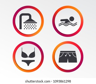 Swimming pool icons. Shower water drops and swimwear symbols. Human swims in sea waves sign. Trunks and women underwear. Infographic design buttons. Circle templates. Vector