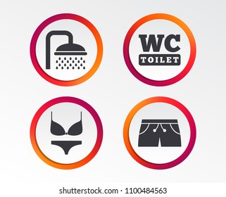 Swimming pool icons. Shower water drops and swimwear symbols. WC Toilet sign. Trunks and women underwear. Infographic design buttons. Circle templates. Vector