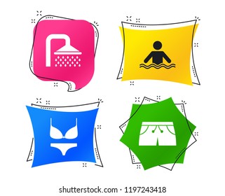 Swimming pool icons. Shower water drops and swimwear symbols. Human stands in sea waves sign. Trunks and women underwear. Geometric colorful tags. Banners with flat icons. Trendy design. Vector