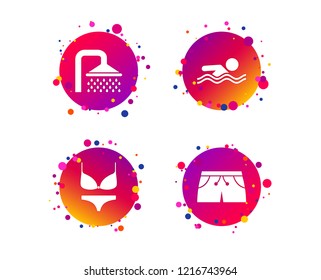 Swimming pool icons. Shower water drops and swimwear symbols. Human swims in sea waves sign. Trunks and women underwear. Gradient circle buttons with icons. Random dots design. Vector