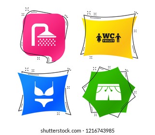 Swimming pool icons. Shower water drops and swimwear symbols. WC Toilet sign. Trunks and women underwear. Geometric colorful tags. Banners with flat icons. Trendy design. Vector