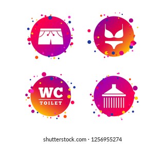Swimming pool icons. Shower water drops and swimwear symbols. WC Toilet sign. Trunks and women underwear. Gradient circle buttons with icons. Random dots design. Vector