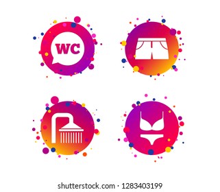Swimming pool icons. Shower water drops and swimwear symbols. WC Toilet speech bubble sign. Trunks and women underwear. Gradient circle buttons with icons. Random dots design. Vector