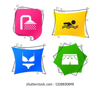 Swimming pool icons. Shower water drops and swimwear symbols. Human swims in sea waves sign. Trunks and women underwear. Geometric colorful tags. Banners with flat icons. Trendy design. Vector
