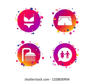 Swimming pool icons. Shower water drops and swimwear symbols. WC Toilet speech bubble sign. Trunks and women underwear. Gradient circle buttons with icons. Random dots design. Vector