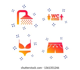 Swimming pool icons. Shower water drops and swimwear symbols. WC Toilet sign. Trunks and women underwear. Random dynamic shapes. Gradient shower icon. Vector