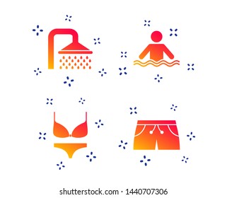 Swimming pool icons. Shower water drops and swimwear symbols. Human stands in sea waves sign. Trunks and women underwear. Random dynamic shapes. Gradient shower icon. Vector