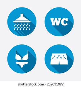 Swimming pool icons. Shower water drops and swimwear symbols. WC Toilet sign. Trunks and women underwear. Circle concept web buttons. Vector