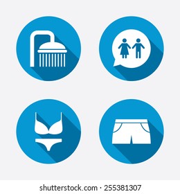 Swimming pool icons. Shower water drops and swimwear symbols. WC Toilet speech bubble sign. Trunks and women underwear. Circle concept web buttons. Vector