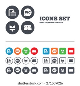 Swimming pool icons. Shower water drops and swimwear symbols. WC Toilet speech bubble sign. Trunks and women underwear. Web buttons set. Circles and squares templates. Vector