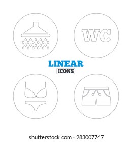Swimming pool icons. Shower water drops and swimwear symbols. WC Toilet sign. Trunks and women underwear. Linear outline web icons. Vector