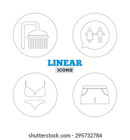 Swimming pool icons. Shower water drops and swimwear symbols. WC Toilet speech bubble sign. Trunks and women underwear. Linear outline web icons. Vector